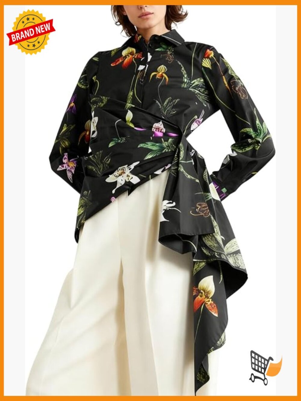 Dressy Floral Button Down Blouse - Asymmetrical Hem - Long Sleeve